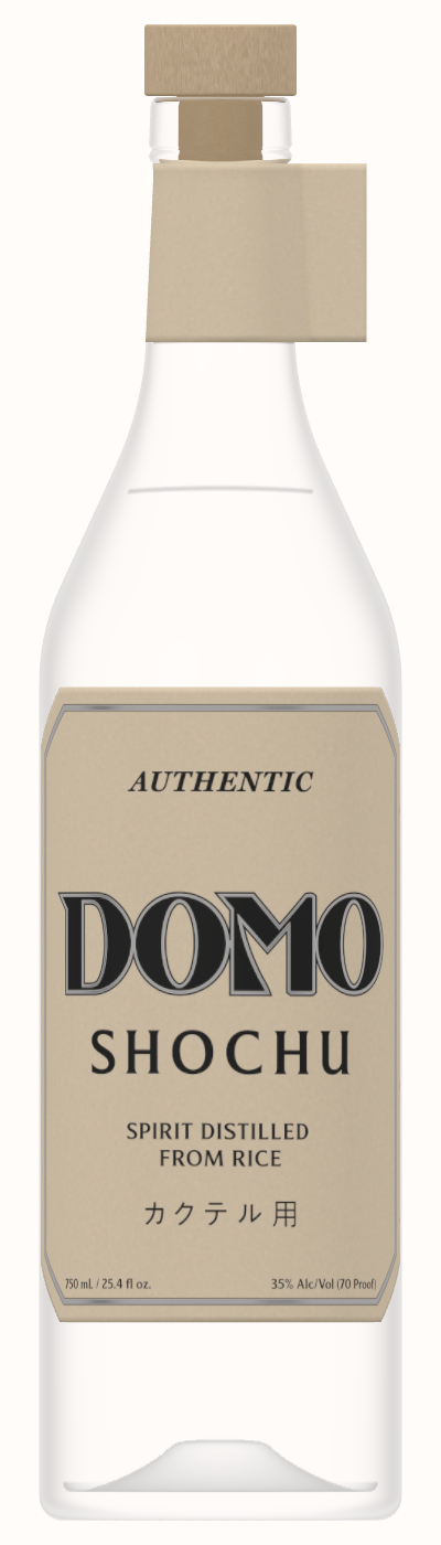 DOMO SHOCHU bottle with natural closure and tan label